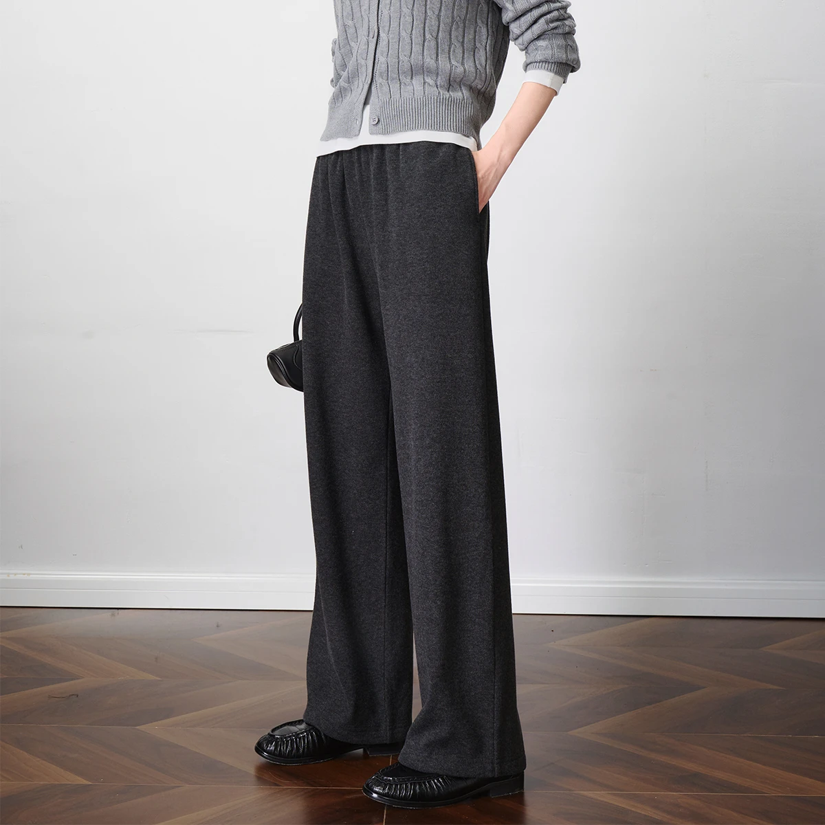 OLrain Women's Winter Knit Pant 2026 Grey High Waist Straight Sweatpant Loose Slim Soft Drape Casual Long Trouser E57QK98056