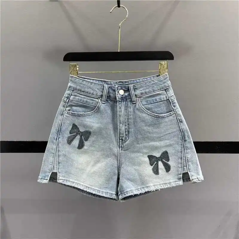 Butterfly embroidered denim shorts for summer women high waist slim 2024 new spicy girl A-line hot pants