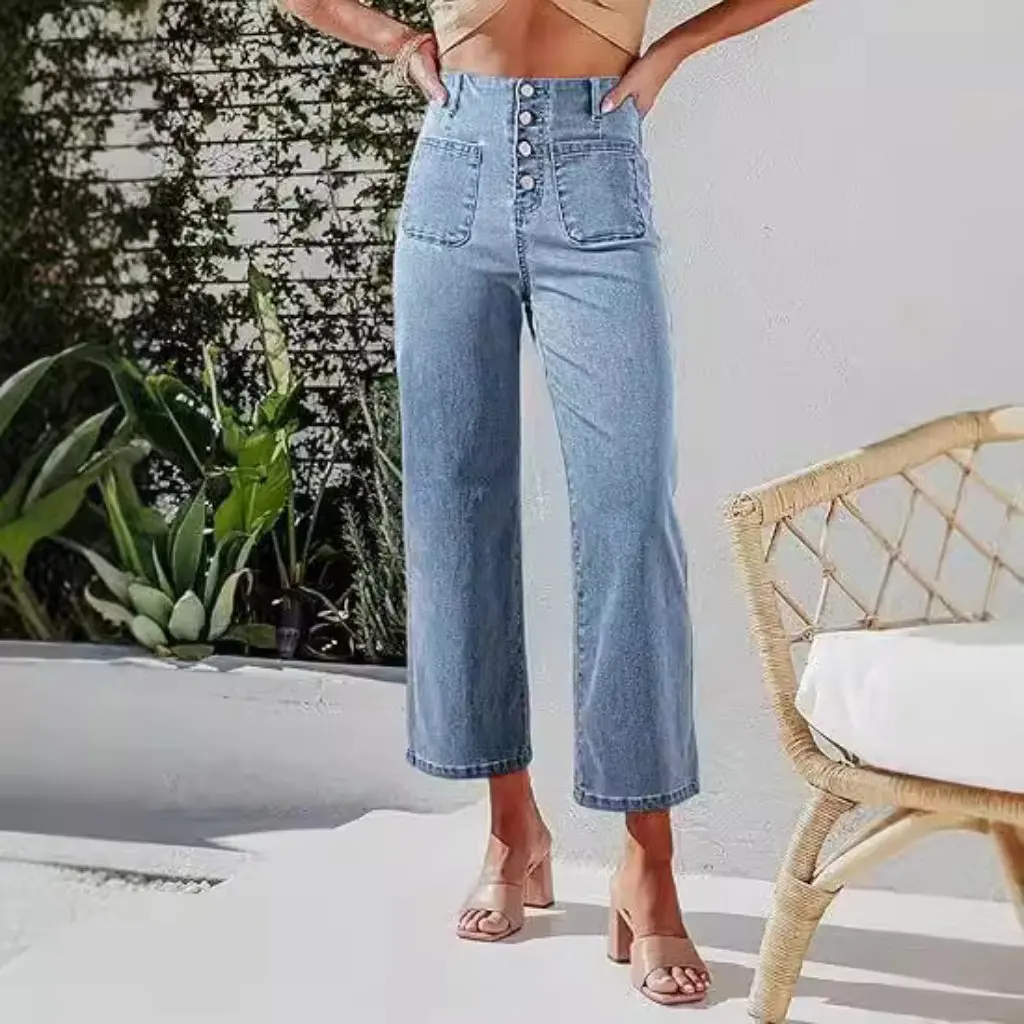 Retro damesjeans met hoge taille en wijde pijpen, enkele rij gesp, losse, rechte casual broek in Europese en Amerikaanse stijl