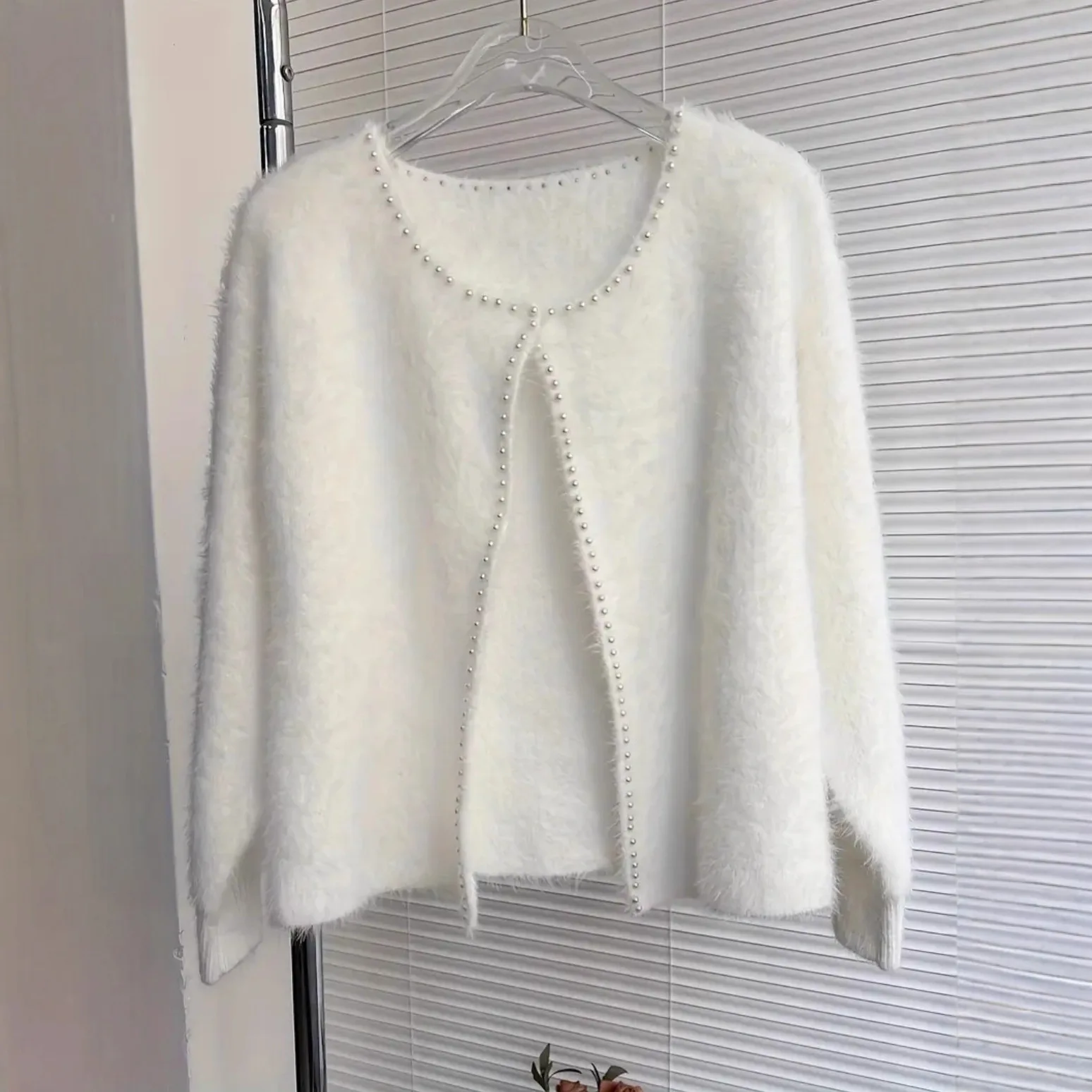 

Nail Bead Imitation Mink Knitted Cardigan Women's Autumn Winter New Solid Color V-neck Fashionable Top Jacket Sweater Women