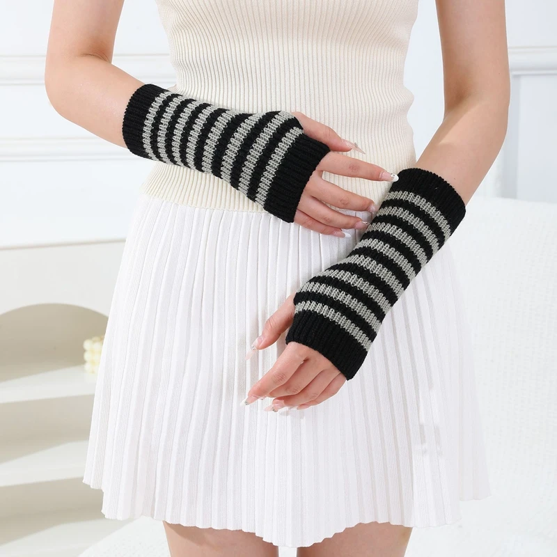 Short Striped Fingerless Gloves Knitted Arm Warmers Women Autumn Winter Wrist Sleeves Soft Thumb Hole Hand Warmer Mitten - view 4