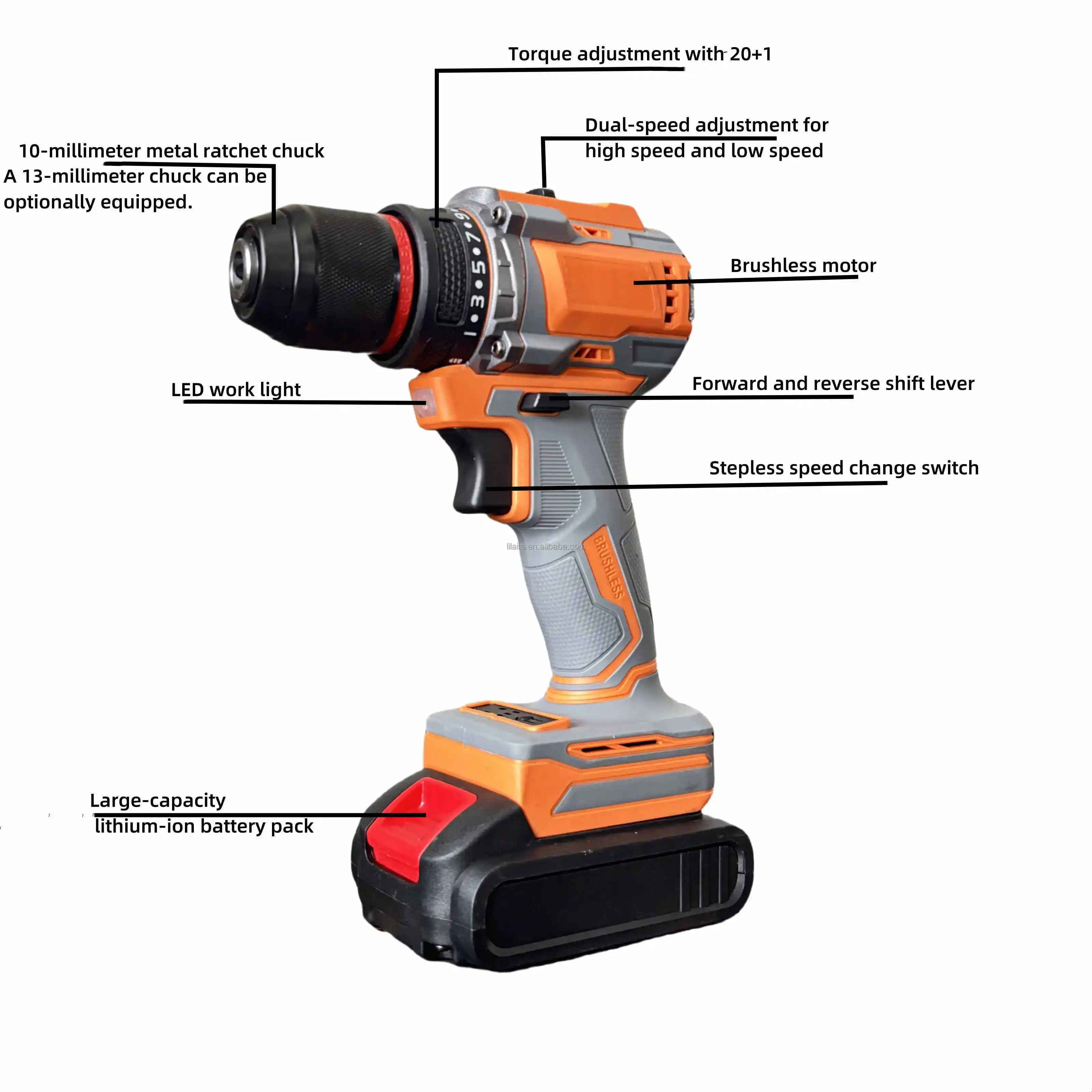 جهاز حفر كهربائي محمول باليد، مثقاب مطرقي صدمي بدون فرش، بطارية ليثيوم متغيرة السرعة، مثقاب كهربائي صغير للأداة