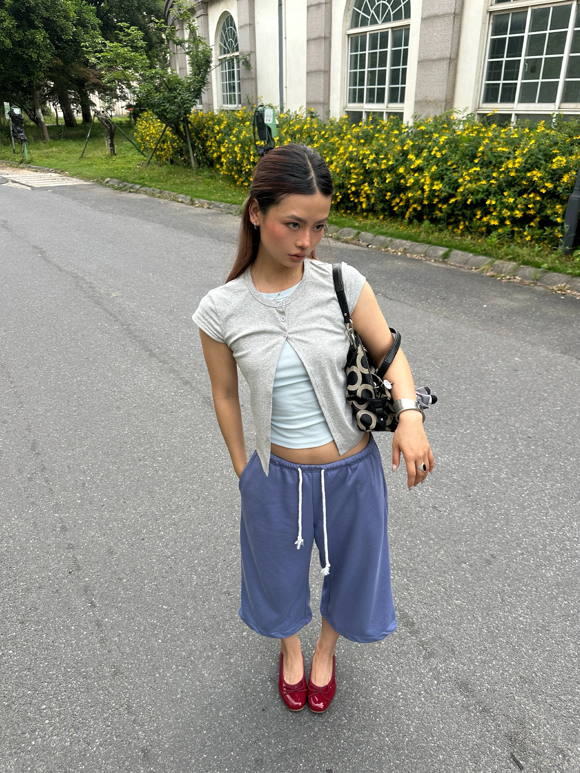 American Style Short Sleeve round Neck T-Shirt Women's Slim Fit Short Length Top Black round Shoulder False Two-Piece Design