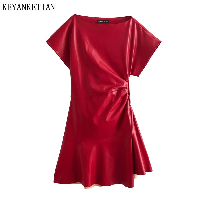 

KEYANKETIAN 2024 New Launch Women's Faux Leather Dress Stylish Pleated Decoration Side Zipper Slim Short Sleeve Red Mini Dress