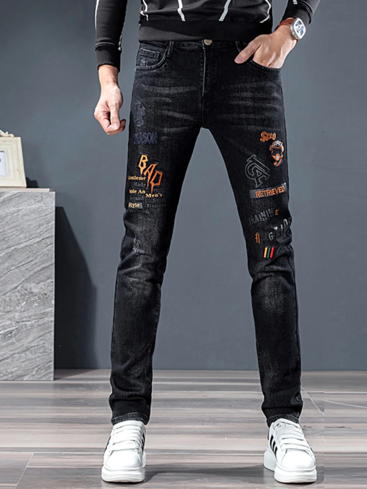 

Elegant Black Embroidered Floral Men's Slim Fit Jeans Elastic Casual Cotton Stretch Denim Youth Trendy Straight Leg Trousers