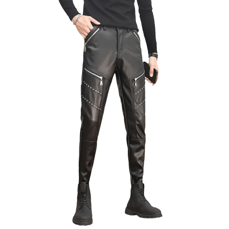 Pantalon de moto en cuir PU pour hommes, pantalon noir à la mode, conception de fermeture à glissière Rivet, style punk, automne