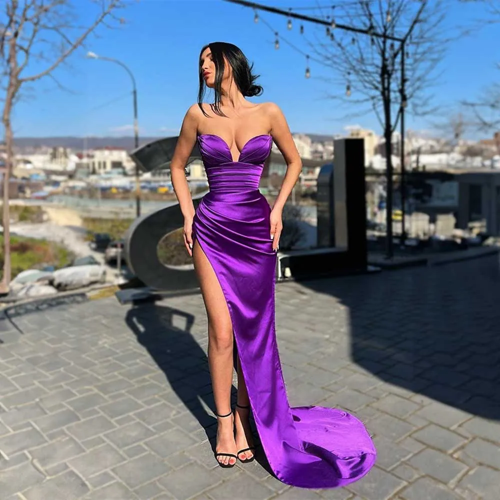 

Purple Simple Satin Pleated Prom Dress for Women Side Split Mermaid Court Party Evening Bridal Gown robe de mariée Customizd