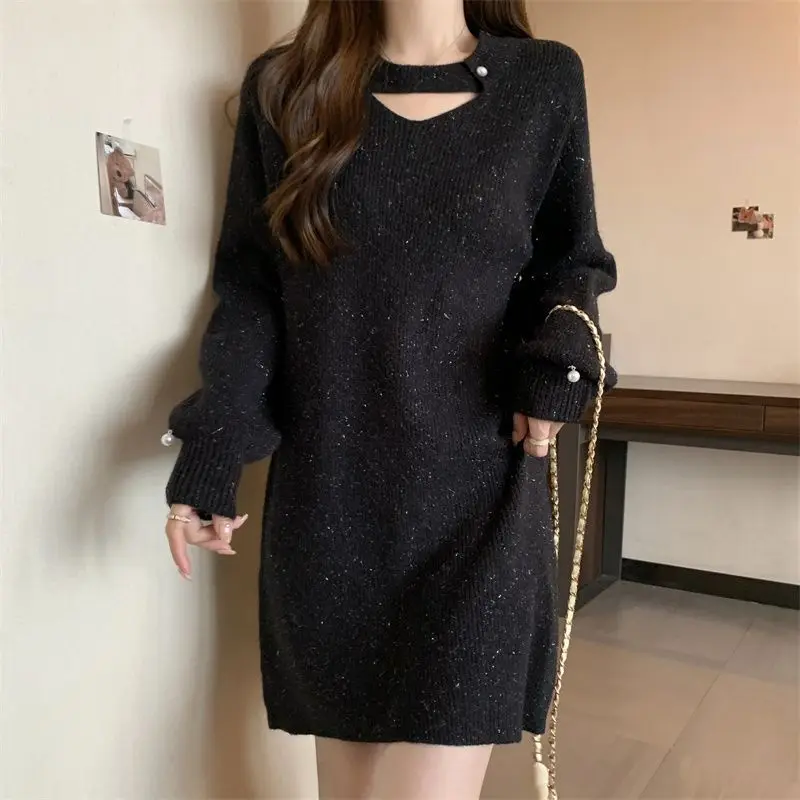 

Hepburn Style Hollow Loose Sweater Dress Women Winter Lantern Sleeve Bright Silk Midi Elastic Comfortable All-match Knit Dresses