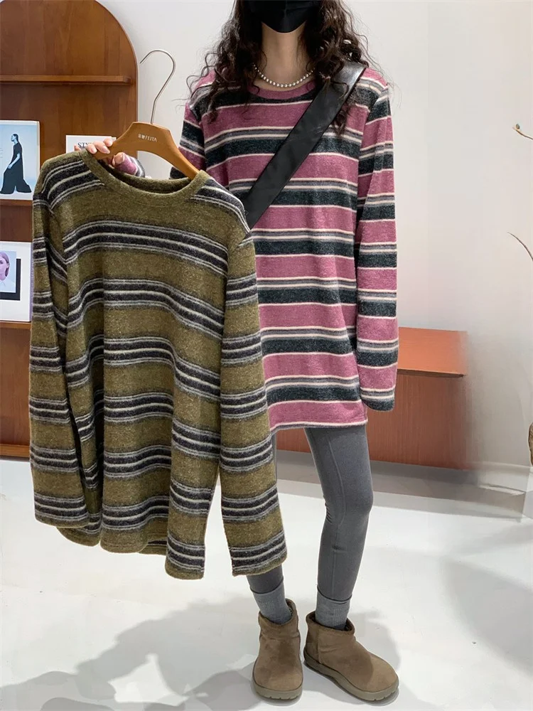 

Feita Soft Brued Color Blo Striped Loose Casual round Ne T-irt Women's Warm Slimming Long Sve Mid-Length Top