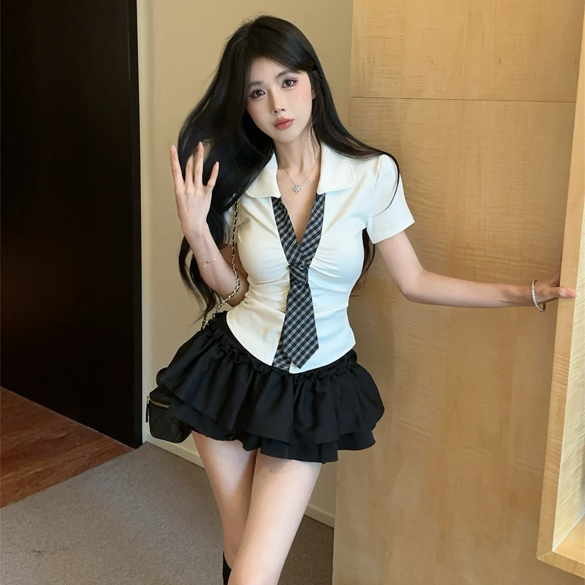 

Gothiscyn Preppy Style Set Women's Summer Slim Fit Polo-neck Short-sleeved T-shirt High Waist A-line Short Skirt Two-piece Set