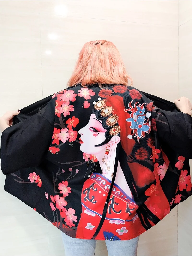 2024, черный юката с принтом персонажей аниме, женский Harajuku, традиционный японский костюм, японский кардиган, кимоно, мужской косплей Хаори