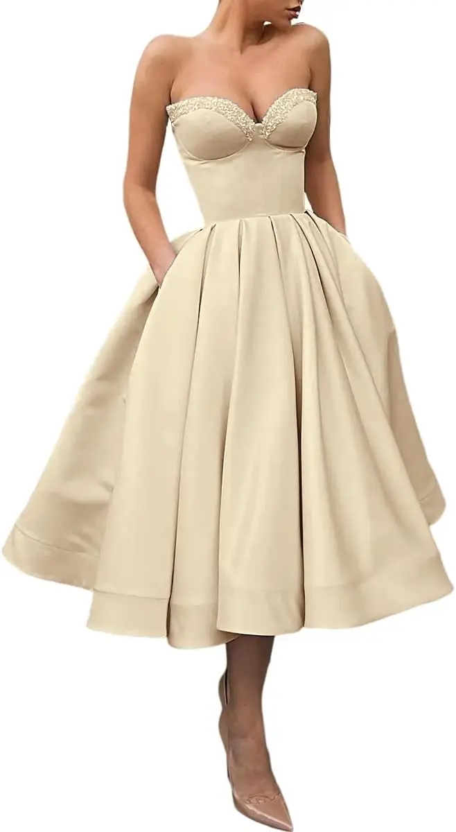 

Женские короткие платья для выпускного вечера с рюшами и атласными блестками длиной до чая Вечернее коктейльное платье с карманами Коктейльные платья