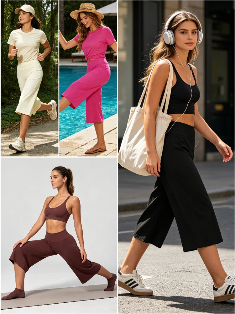 VITALINOVO Capri-Hose für Damen, hohe Taille, ohne Taschen, Damen-Caprihose, Workout-Yoga-Hose, lockere, gerade geschnittene Reise-Crop-Hose – Detail 8