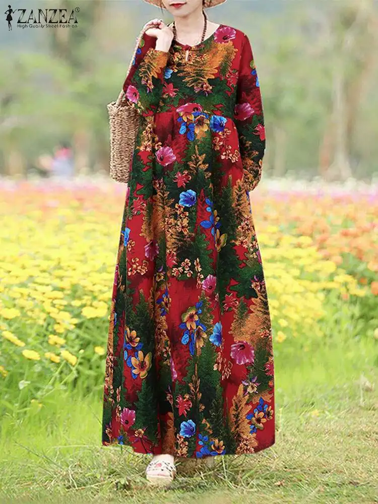 2024 Autumn Floral Printed Dresses ZANZEA Women Vintage Long Sleeve Baggy Sundress Robe Femme Stylish Holiday Vestidos Sarafans