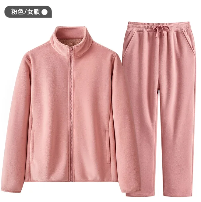 طقم سراويل بغطاء للرأس من الصوف القطبي للرجال والنساء، بدلة رياضية شتوية سميكة من القطيفة، ملابس رياضية خارجية مكونة من قطعتين #4