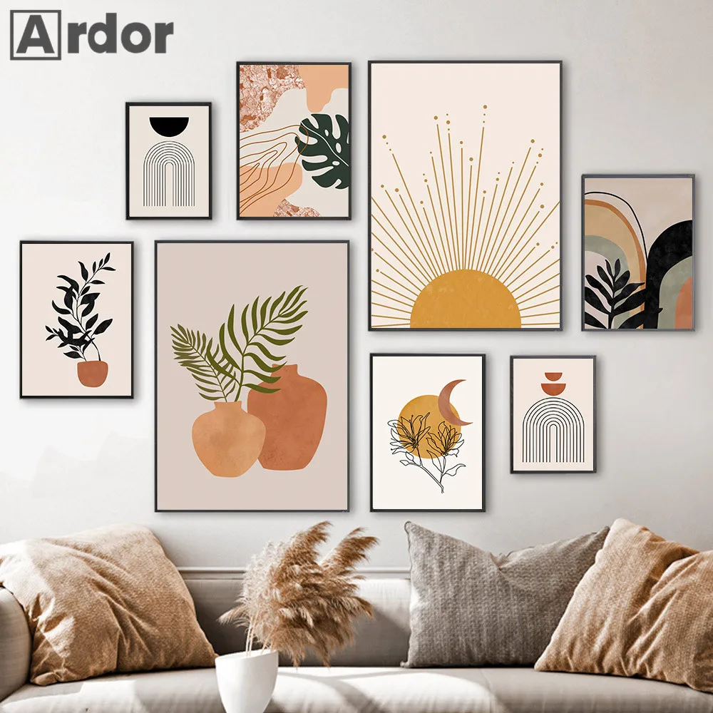 

Terracotta Mustard Sun Canvas Painting Abstract Geometry Boho Poster Plant Leaf Art Print Mid Century Wall Pictures Home Decor