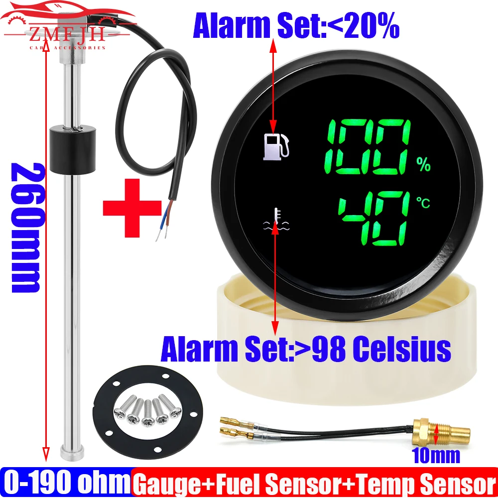 Z متعدد الرقمية المزدوجة 52 مللي متر مقياس مستوى الوقود + مقياس درجة حرارة الماء 2 في 1 مع إنذار مستوى الوقود الاستشعار 260 مللي متر مستشعر درجة حرارة الماء