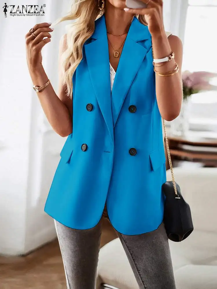 ZANZEA Vintage Sleeveless Blazer Vest Fashion OL Casual Lapel Blazer Women Office Double Breasted Suit Coats 2023 Autumn Femme