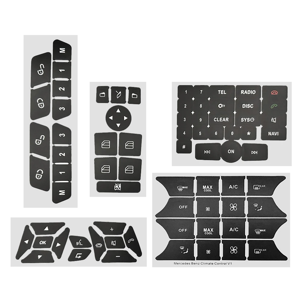 1 Set PVC car Button Repair Stickers For Benz W204 R172 W218 for Climate Control A/C, Steering Steel, Radio, Window, Door Lock