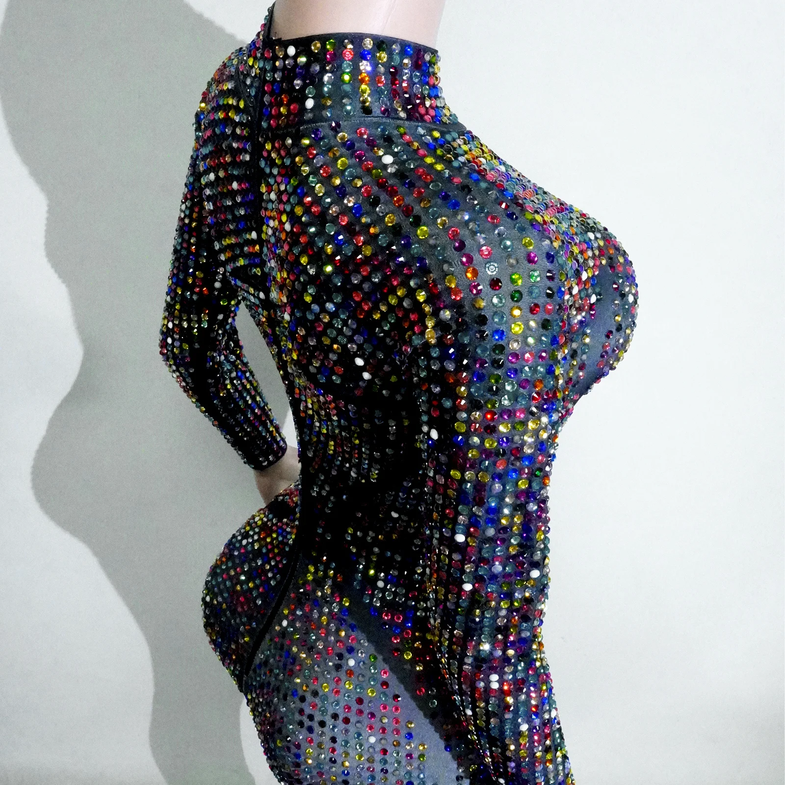 Błyszczące Kryształki Seksowne Obcisłe Kombinezony z Długim Rękawem Kostium Sceniczny dla Piosenkarki na Imprezę do Klubu Nocnego Występ Taneczny Drag Queen