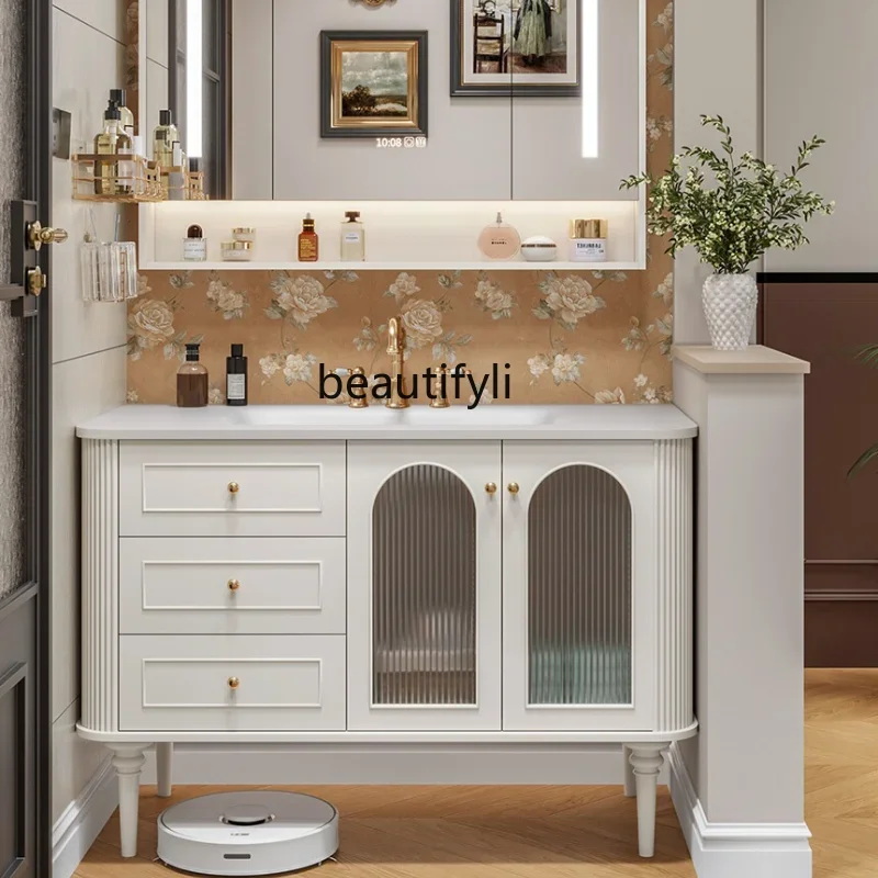 Natural Luxury Stone Ceramic Drop-in Sink French Rubber Wood Bathroom Cabinet Combination Bathroom Table Washbasin