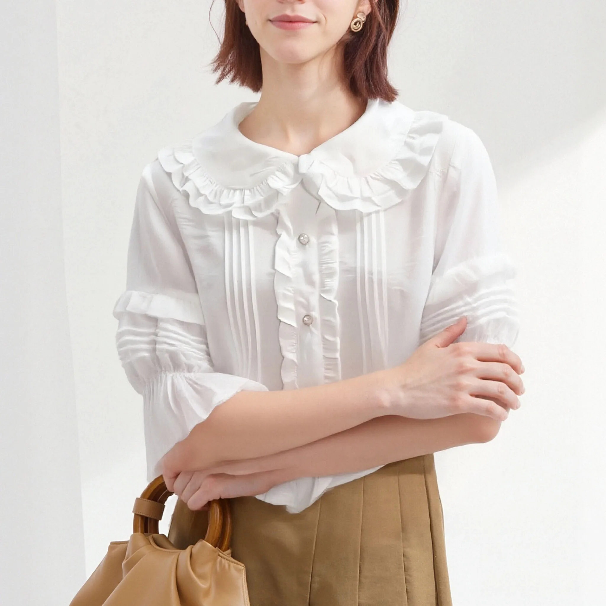 Peter Pan Collar Lolita Kawaii Solid Pink White Women Shirt Japanese Single Breasted Sweet Blouse Aesthetic Ruffled Loose Blouse