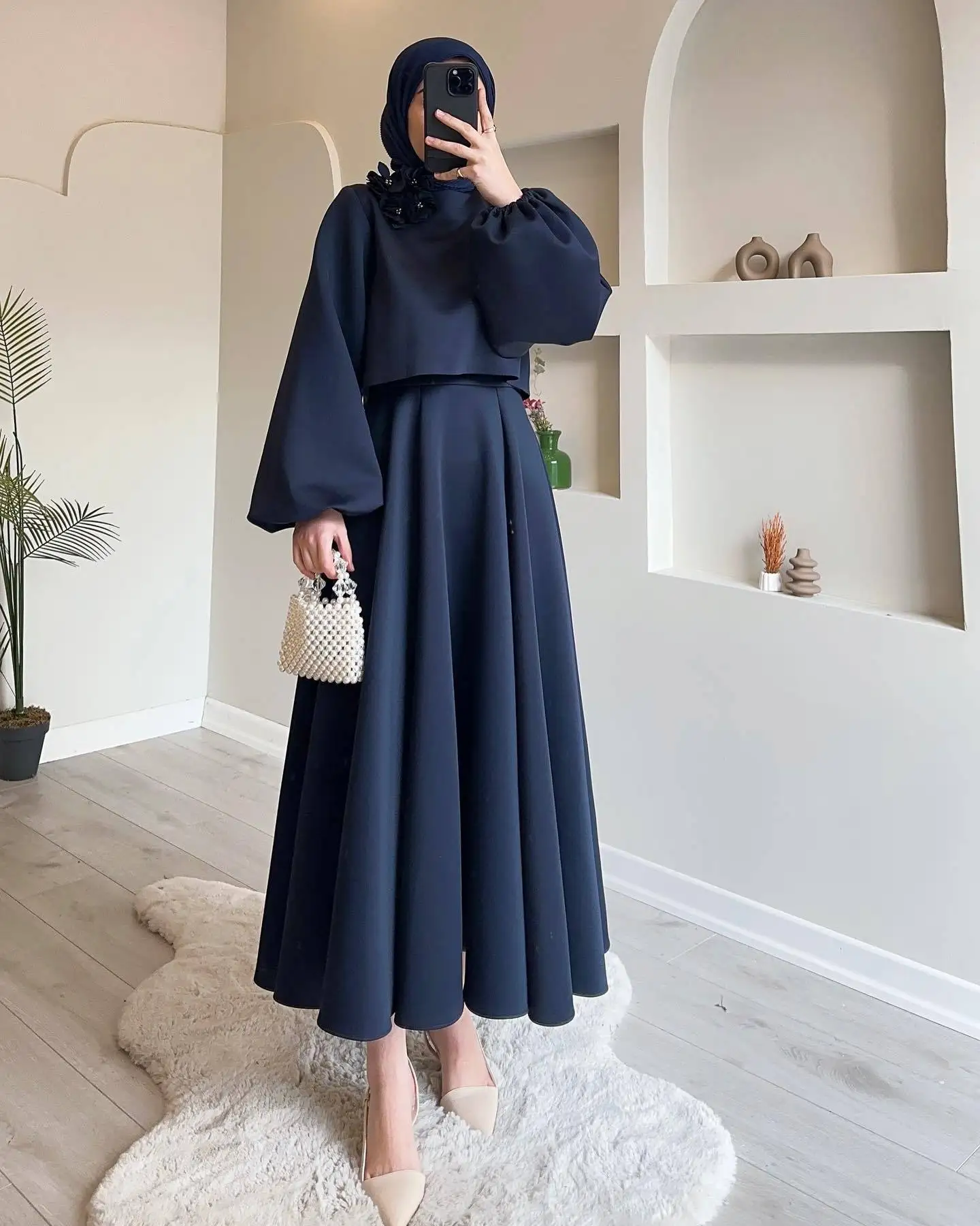 2024 Middle Eastern Dubai Flower Lantern Sleeve Women Skirt Suit Two-piece Set Elegant Top and Pleats Skirt Muslim Clothing