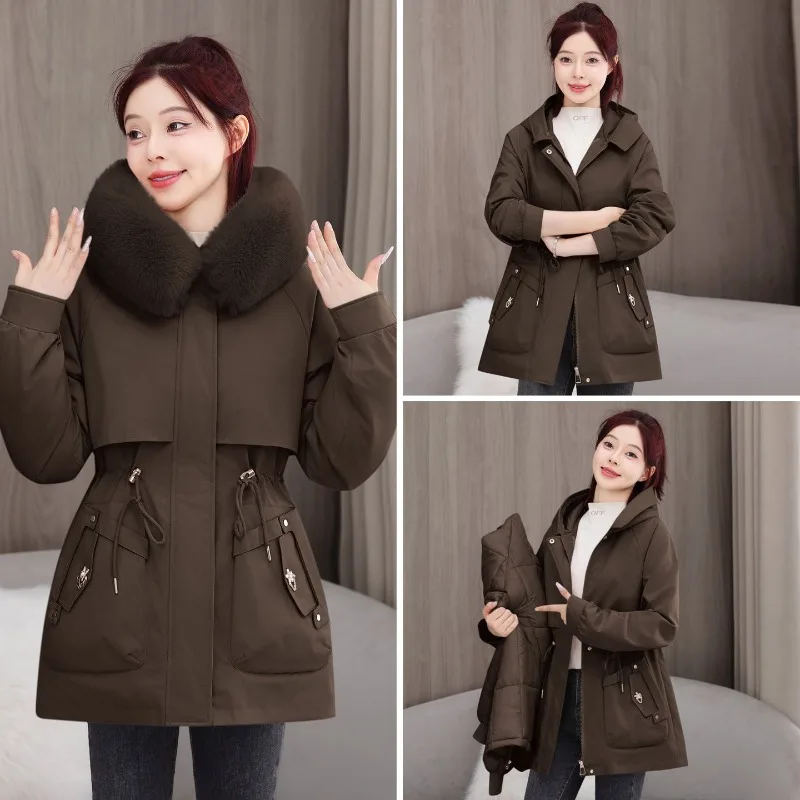 Roupas de trabalho coreanas com uma roupa e três roupas superando o desafio de casacos longos de algodão femininos e jaquetas grossas de algodão