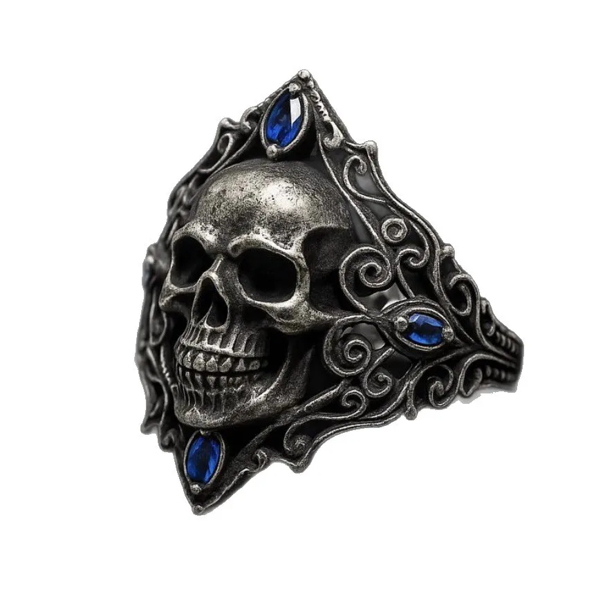 2026 New Eco-friendly Alloy Ring Vintage Skull Punk Ornament, Blue Diamond Inlaid Stylish Halloween Gift Jewelry for Men