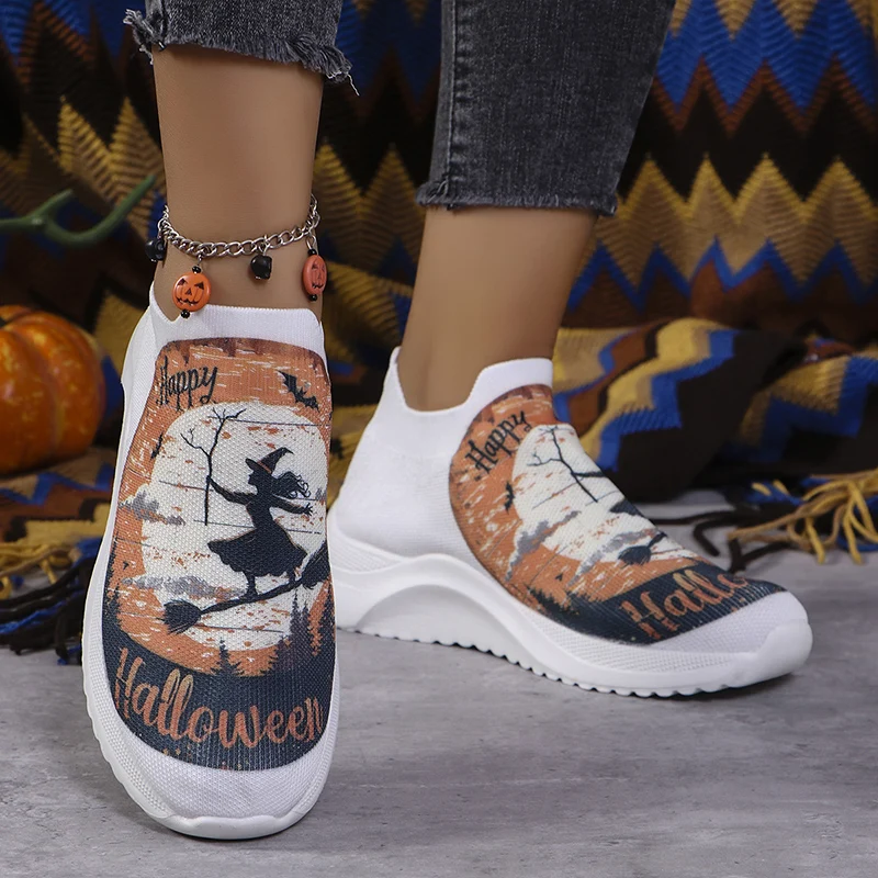 Halloween Style Print Loafers Shoes Ladies Slip-On Breathabke Knitting Flats Women Outdoor Non-Slip Platform Sneakers Woman