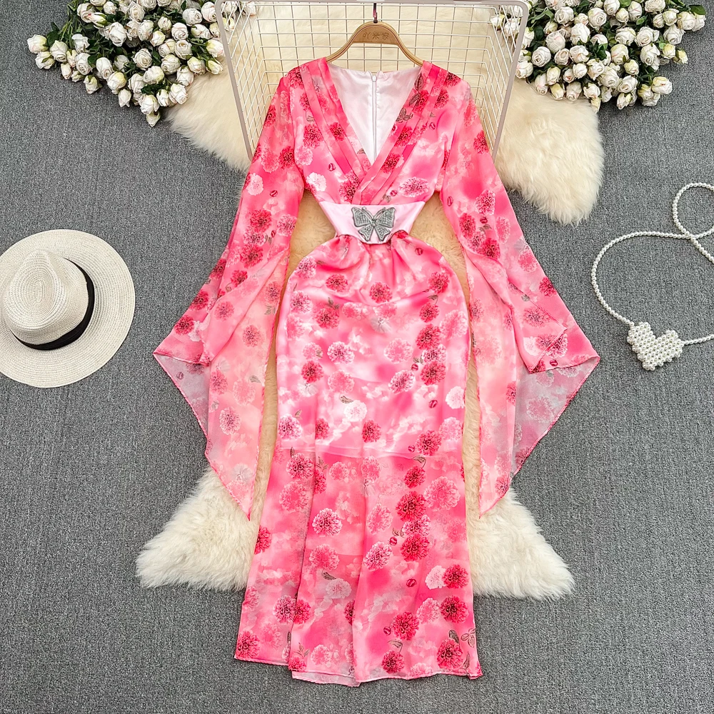 

Summer Senior Sense Ligh Luxury Flared Long Sleeved V Neck Closed Waist Slimming Printed Dress Butterflies and stones Belt Women