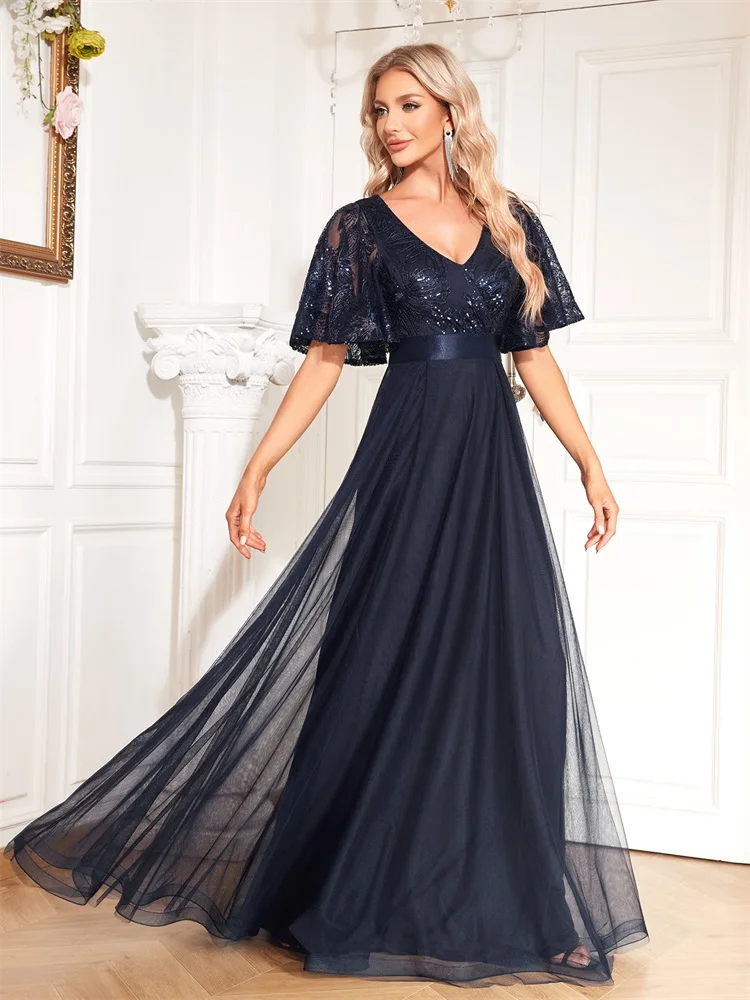 Lucyinlove-Robe de Soirée à Paillettes pour Femme, Col en V, Manches Courtes, Bleu, Élégante, Longueur au Sol, Bal, Cocktail, Luxe, Neuf