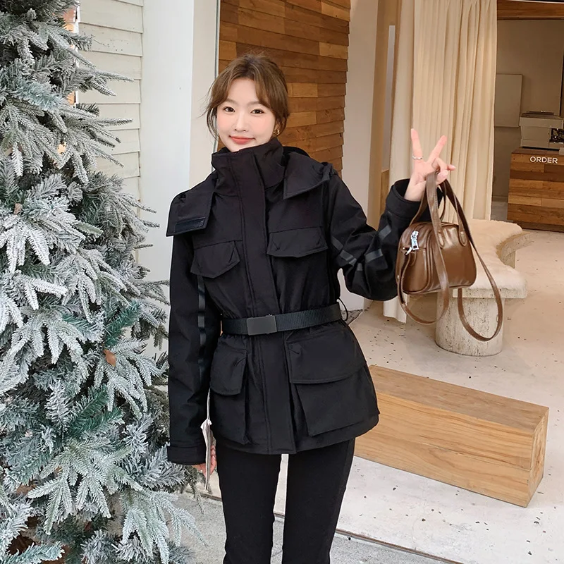 

Women Waist-Cinching Slimming Parka Down Jacket Winter New Solid Color Hooded Hot Sale Temperament Thick Warm Down Coat