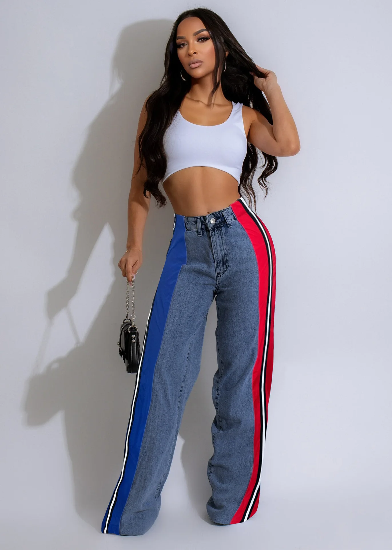 

Women Denim Pants Summer Fashion Striped Color Contrast Elastic Denim Pants Casual High Waist Straight Wide Leg Jeans Trousers