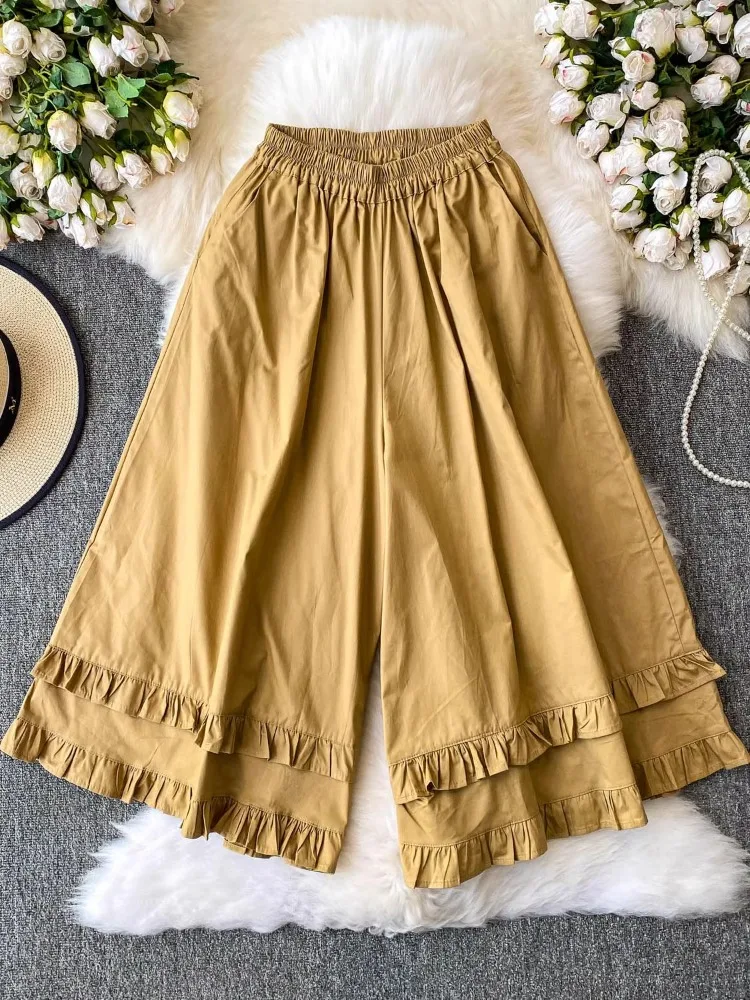 일본 빈티지 플레어 팬츠 모리걸 러플 코튼 와이드 레그 팬츠 여성 여름 신상 밴딩 허리 캐주얼 루즈 큐롯 팬츠