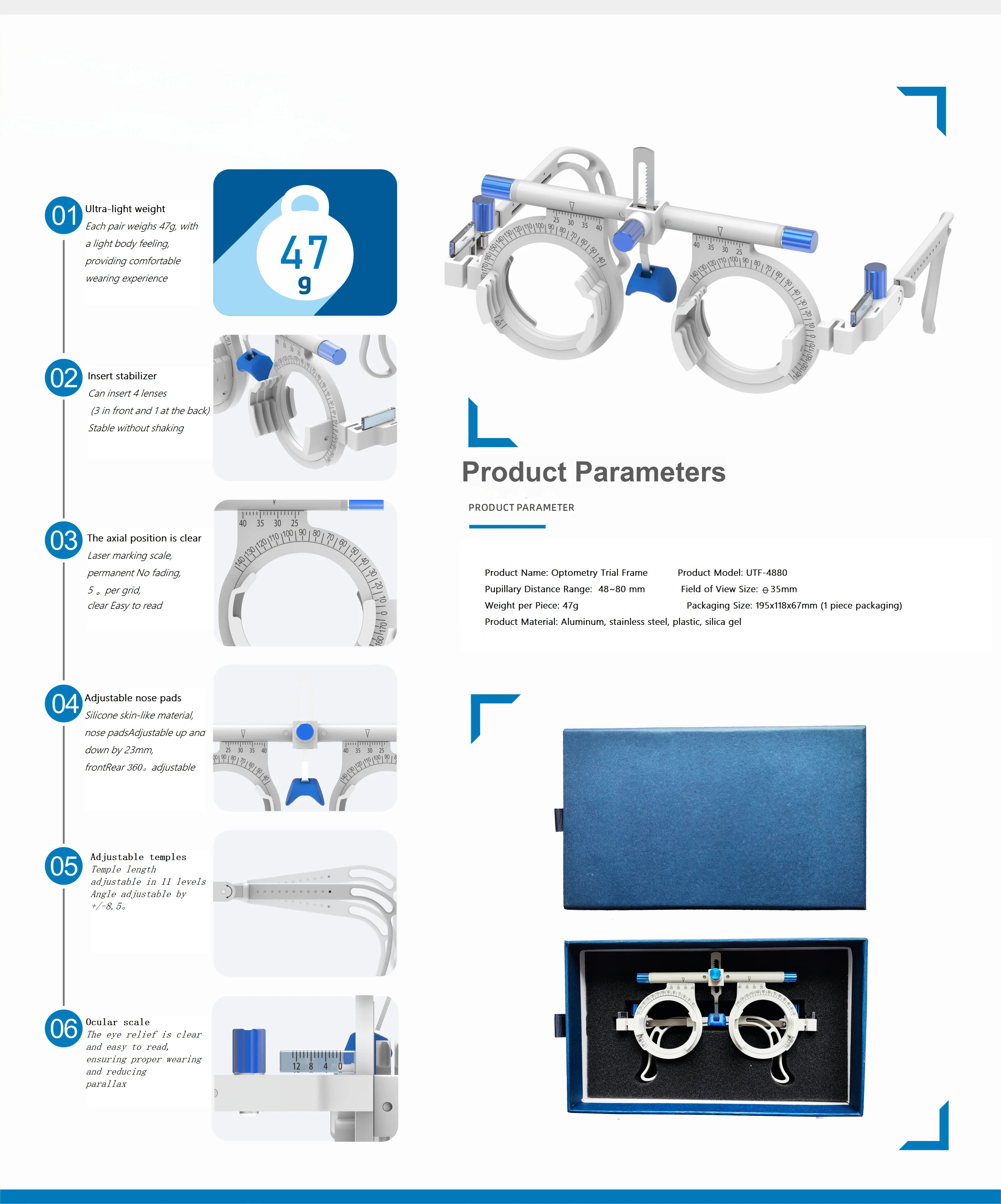Hot Sale Adjustable Trial Frame Optometry Eye Test Universal Ophthalmology Optical Titanium Trial Lens Frame Tpv-9100