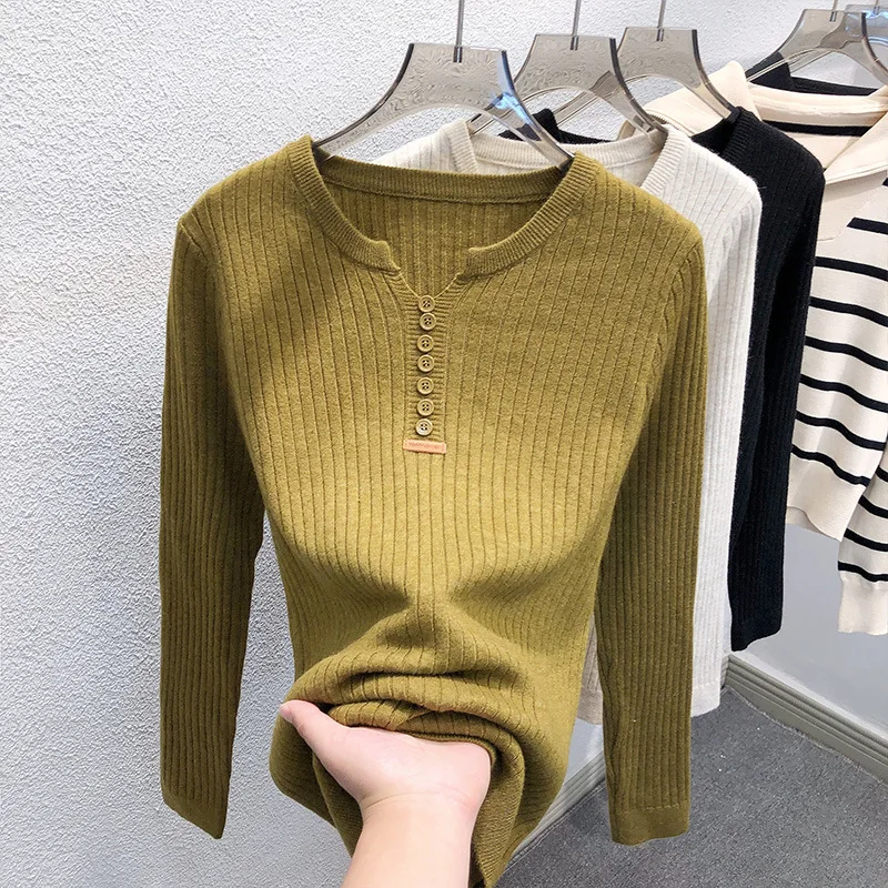 Women Long Sleeved Small V-Neck Knitted Button Decor Round Neck Thin Sweater Underlay Autumn Winter Western Style Slim Fit Top