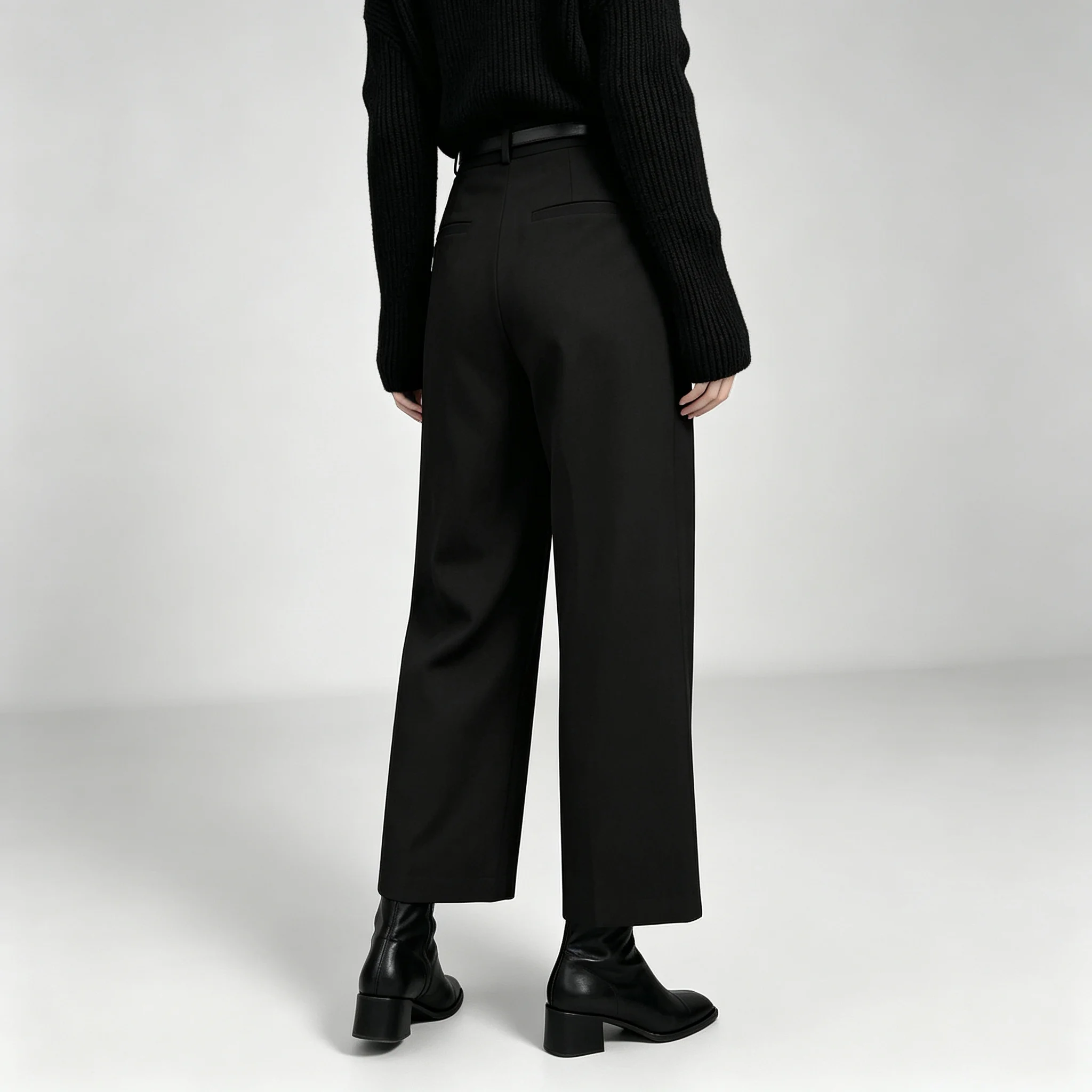 Damen Anzughose in Heather-Grau mit hoher Taille, weitem Bein, Gürtel und knöchellanger Länge für Arbeit, Business und Casual. – Detail 3