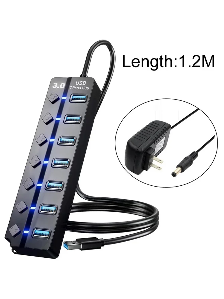 Adaptateur d'alimentation USB 3.0 120CM, 4/7 ports, Hub multi-répartiteur, commutateur d'extension, Stations d'accueil 30CM, câble d'alimentation cc AC 5V 2A +