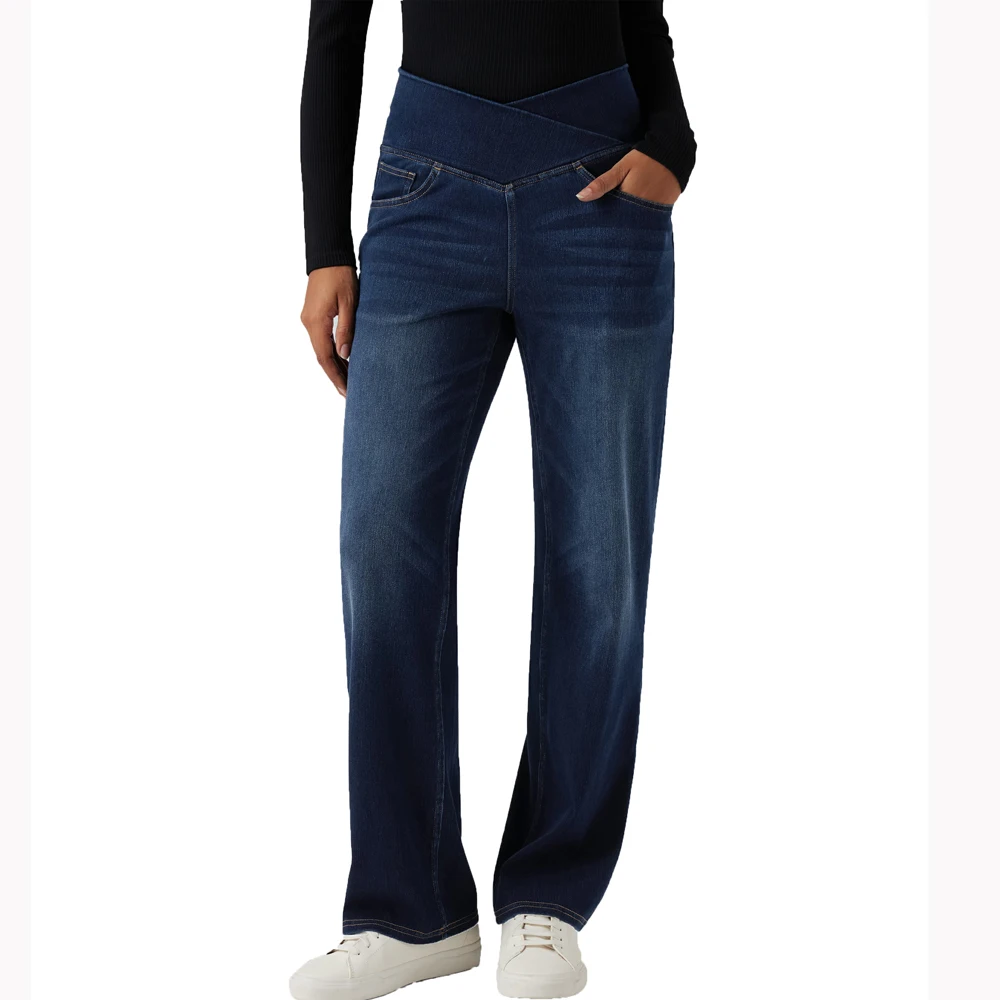 Shascullfites High Waisted Tummy Control Dark Blue Casual Straight Leg Jeans Crossover Design with Pockets for Women