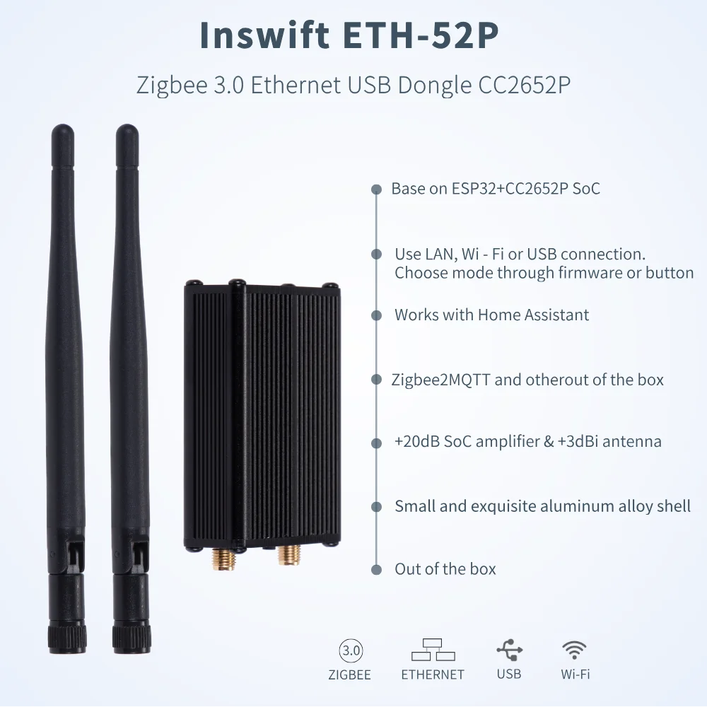 Inswift ETH-52P Zigbee 3.0 to Ethernet,USB,and WiFi gateway