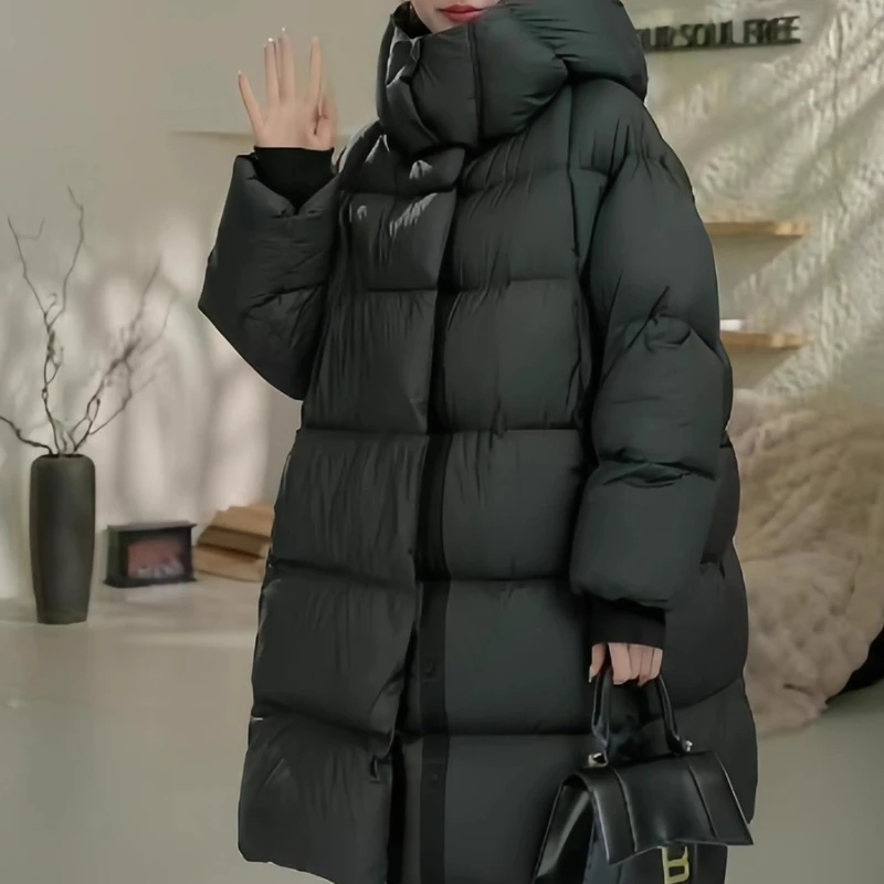 Coffee Colored Puffy Hooded Down Jacket, Korean Version Medium To Long Thick and Warm Loose Jacket, Women 2025 Winter New Style