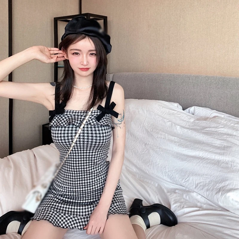 Korean Dress Suspender Dress Sexy Sweet Bow Hanging Strap Checkered Short Dress for Women Party Dress Summer