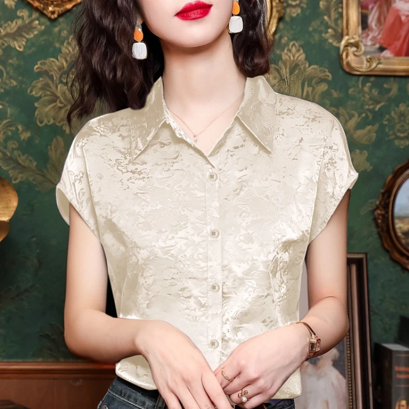 2025 Summer New Women's Shirt Blue Satin Jacquard Flying Sleeve Blouse Luxury Women's Clothing OL Single Breasted Women's Shirts