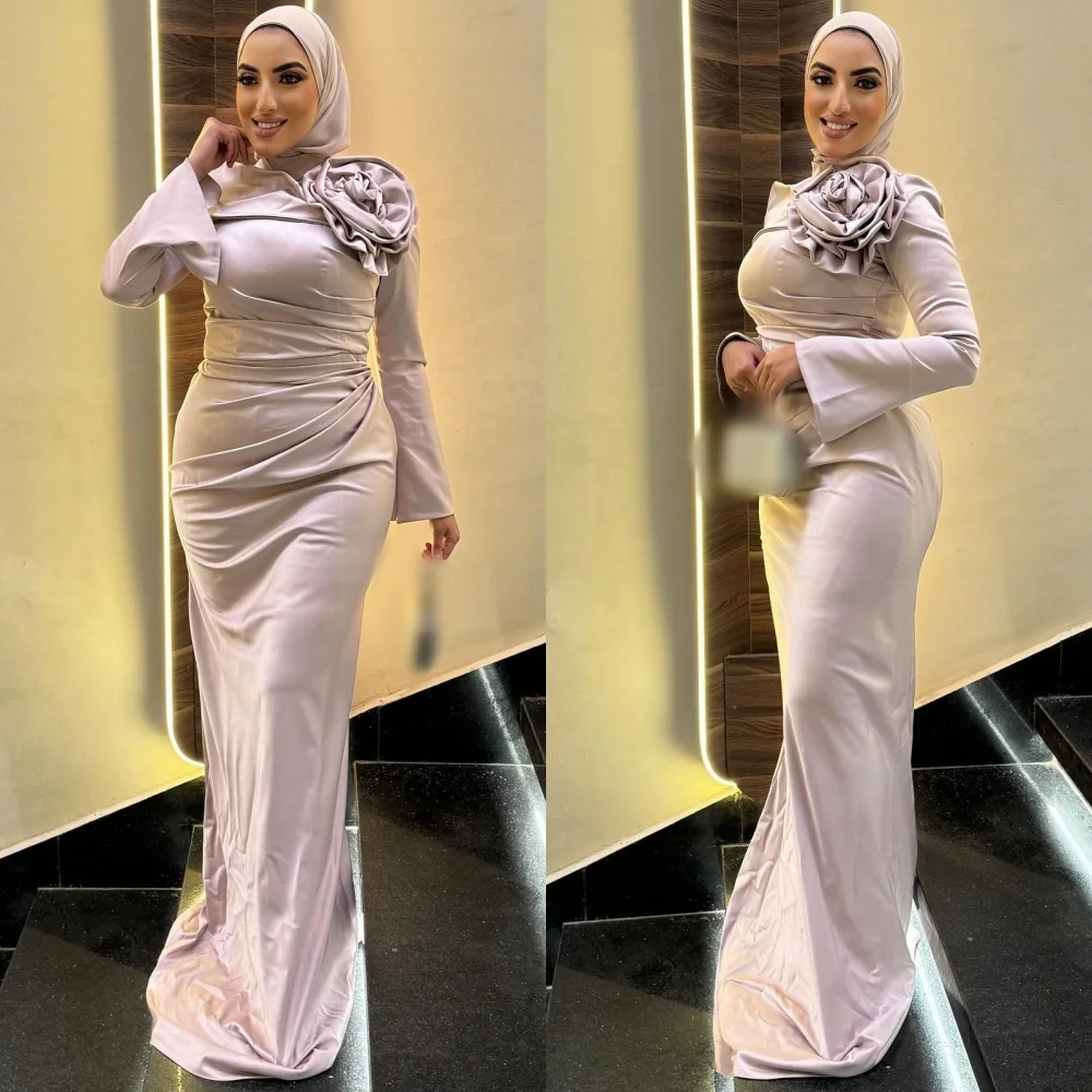 

Customized Intricate Matching Jersey Flower Pleat Trumpet High Collar Long Dresses Bespoke Occasion Retro