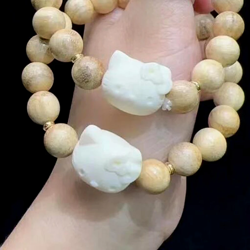 1PC Retro Hand Jewelry Sanrio Cartoon Cute Hello Kitty Milk Fragrant Wood Bracelet Ins Style Girl Beaded Bracelet Holiday Gift