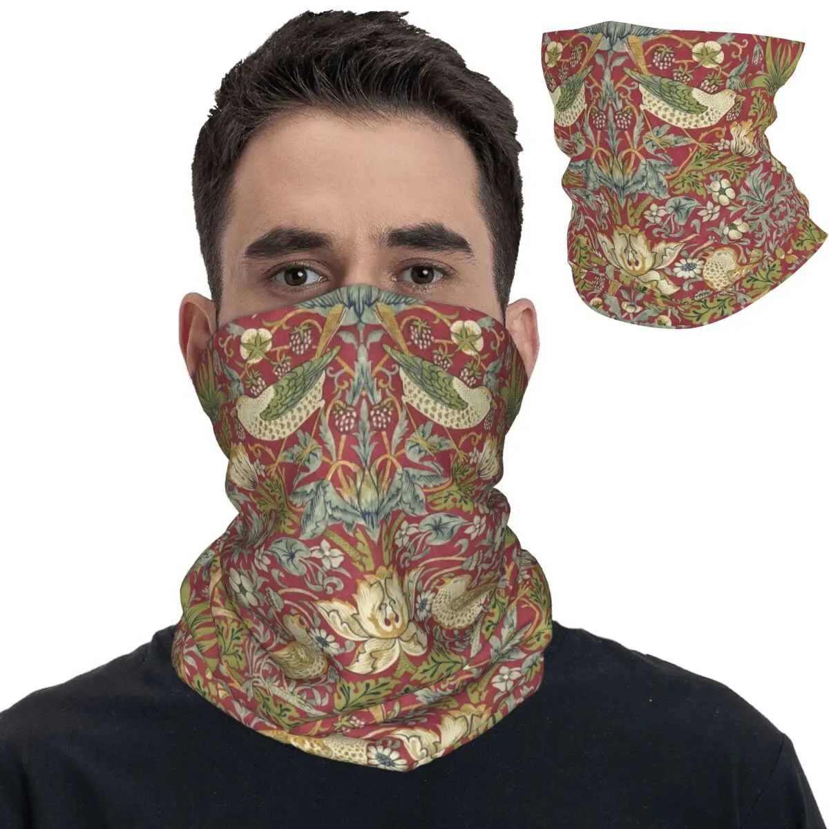 William Morris Strawberry Thief Red Bandana Neck Gaiter Printed Floral Balaclavas Magic Scarf Warm Headwear for Men Women Adult