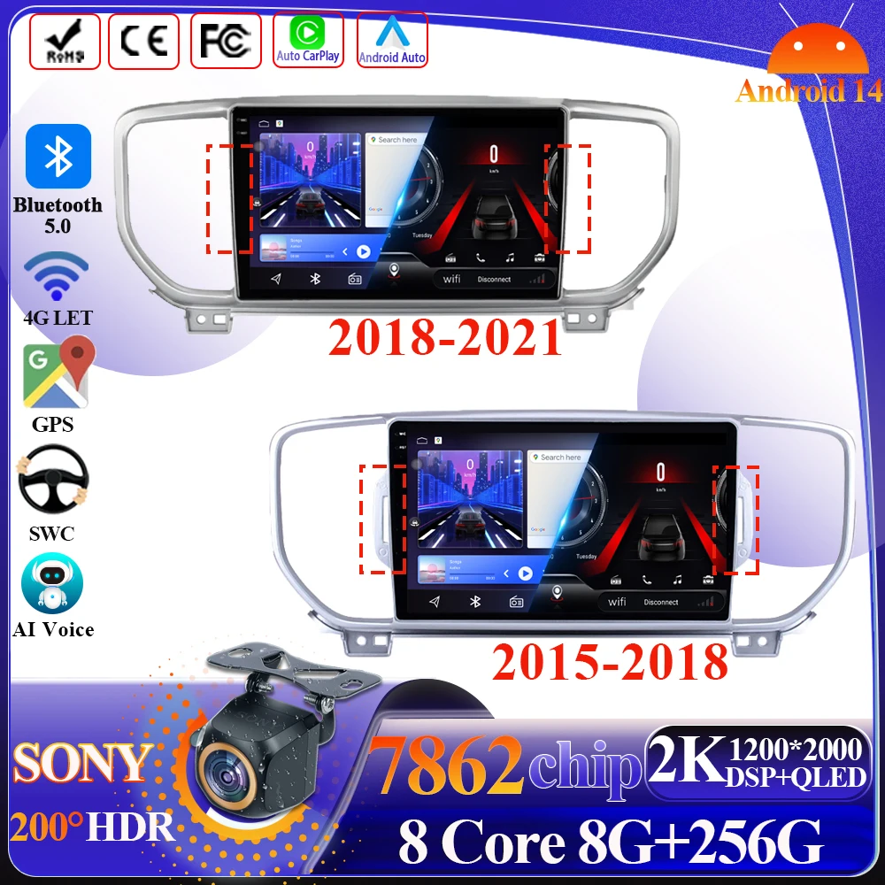 

Android 14 Carplay For KIA Sportage KX5 5 2015-2021 Car Multimedia Player 5G Wifi High-performance 7862 CPU Touch Screen Display