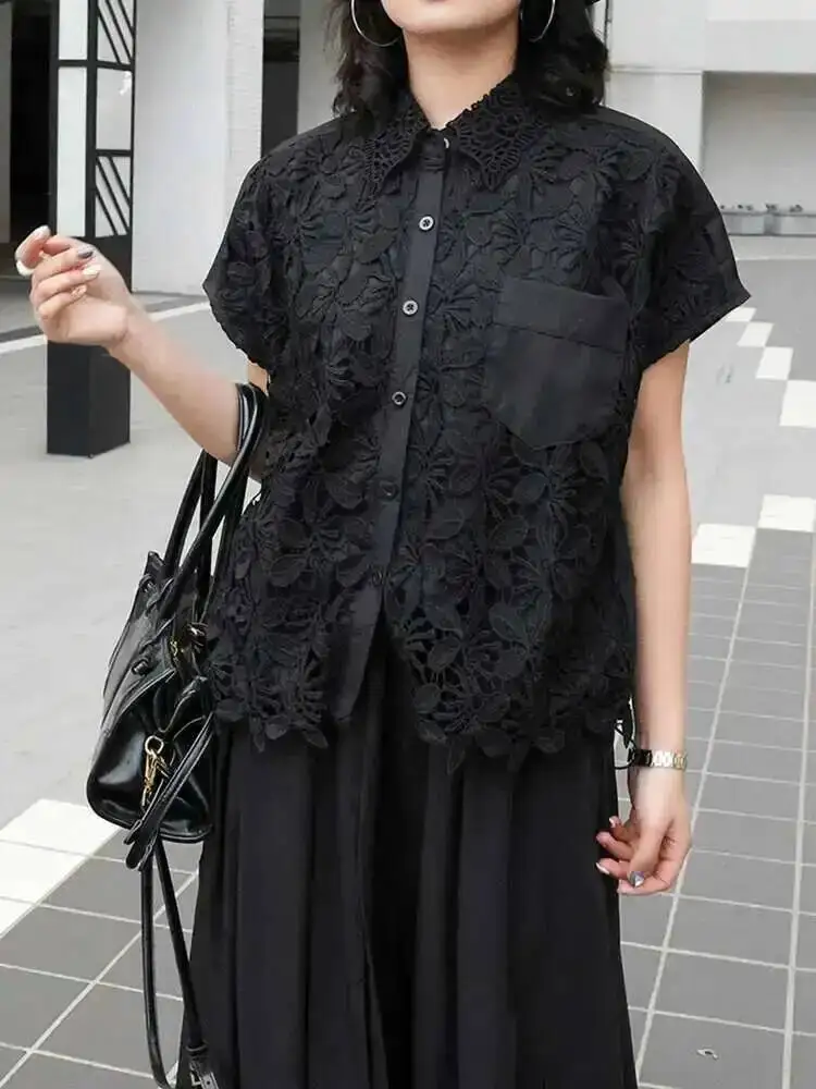 

Women Black Lace Drawstring Big Size Casual Blouse New Lapel Short Sleeve Shirt Fashion Tide Spring Summer