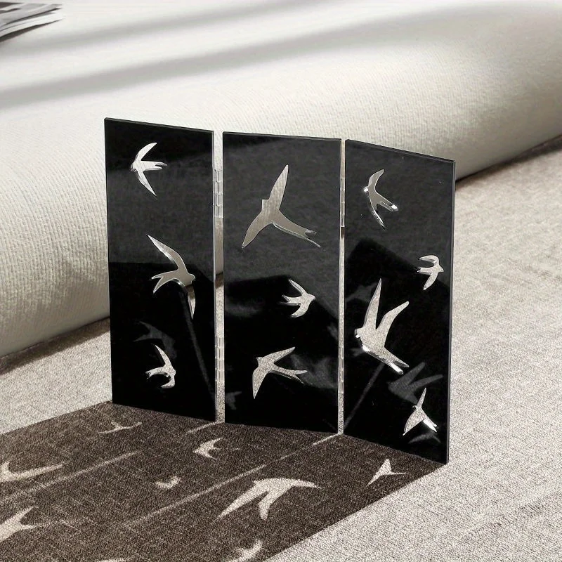 Black Acrylic Mini Folding Screen Mirror Swallow Hollow Desktop Ornament Modern Minimal Tabletop Room Decor